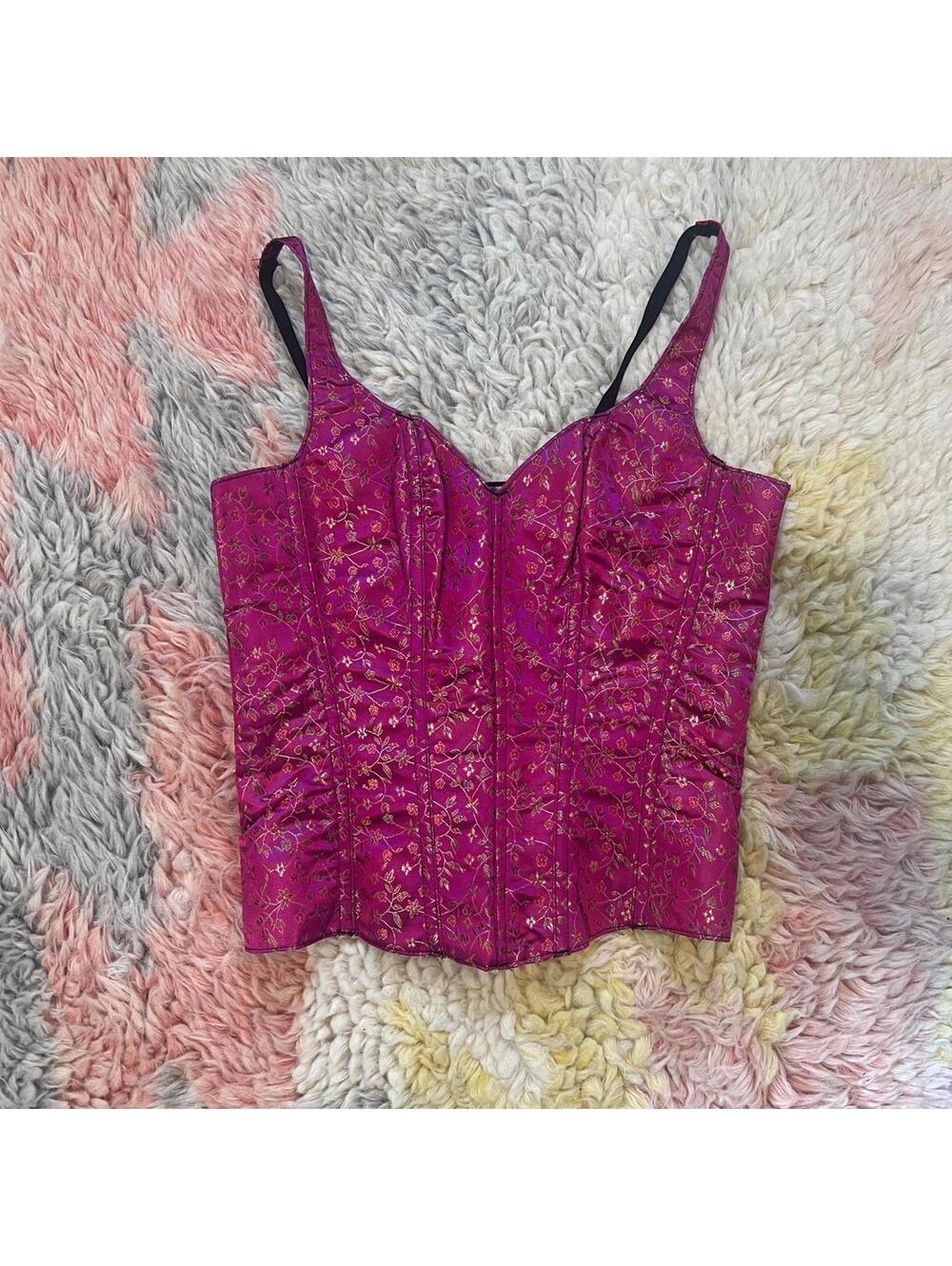 vintage y2k satin pink brocade corset top